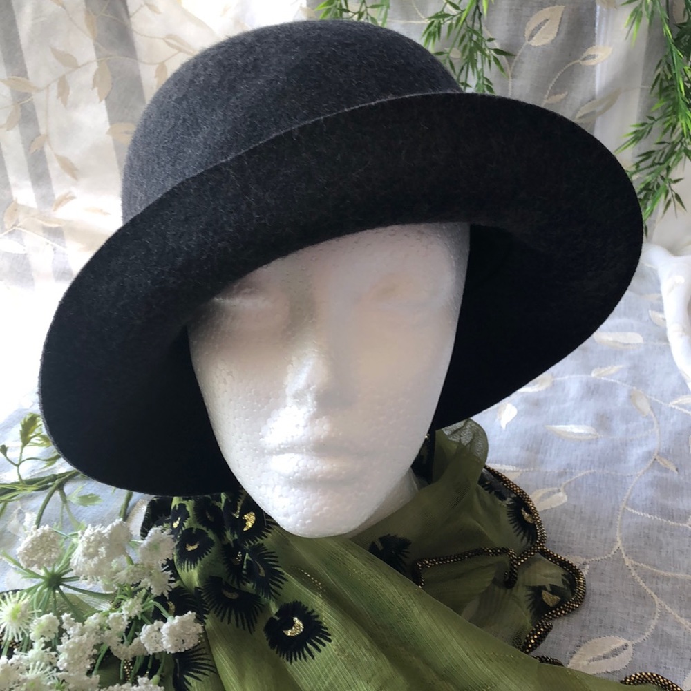 J JILL Gray 100% Wool Hat with black ribbon accent
